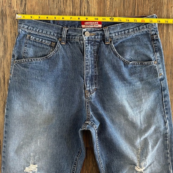 Unionbay Loose Boot Cut Jeans Mens 34x32 Blue Denim Distressed Destroyed Vtg Y2K - Picture 16 of 16